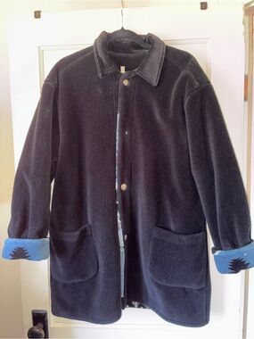 Vtg Denali Fleece Coat M Black Blue Horse Aztec Coat Reversible Button Corduroy